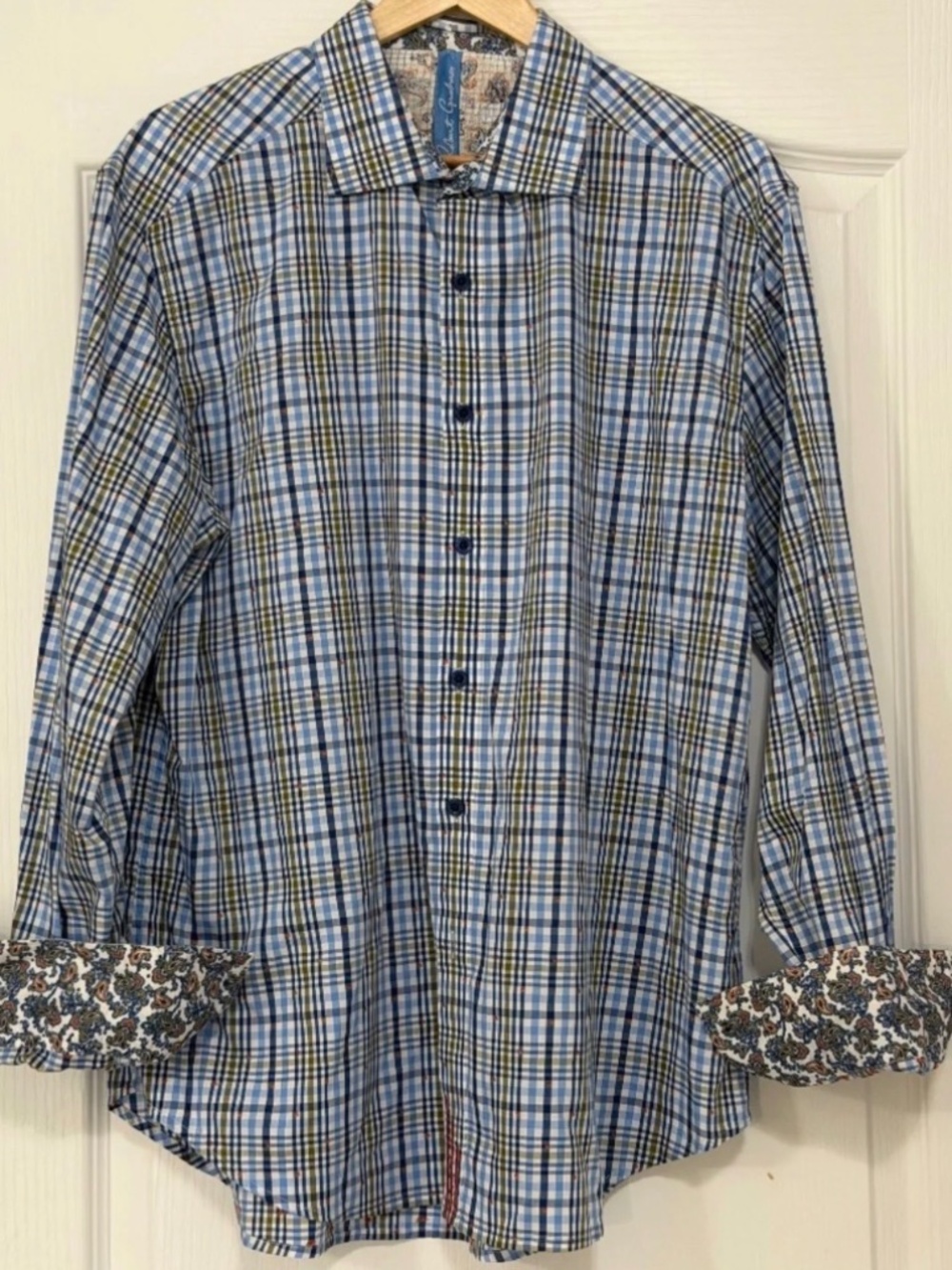 Robert Graham XL Classic Fit Blue Green Plaid Paisley Flip Cuff Shirt